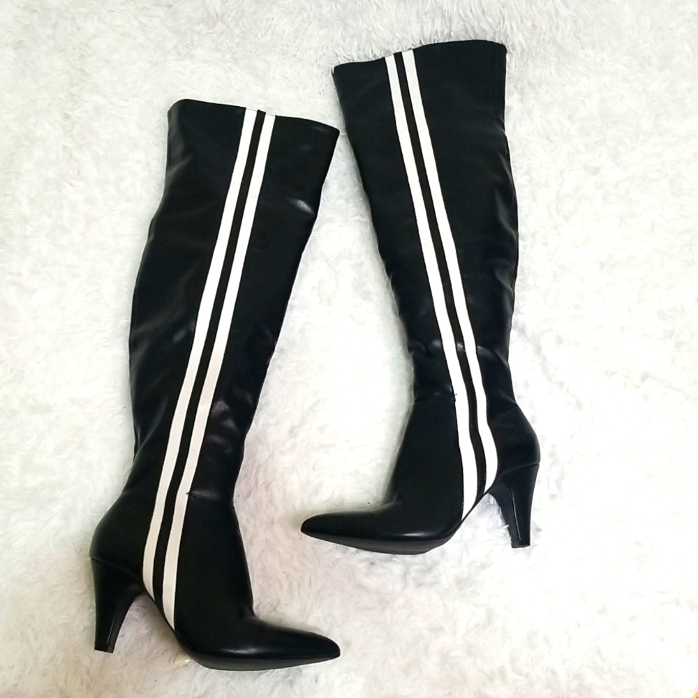 Wild Diva Black Over-the-Knee Boots with White Stripes
